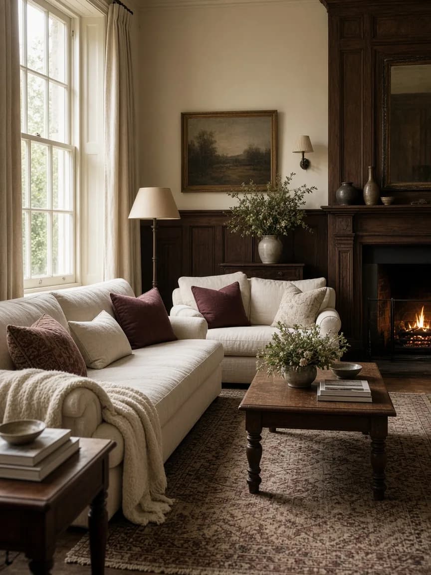 Warm British drawing room with linen seating and soft daylight