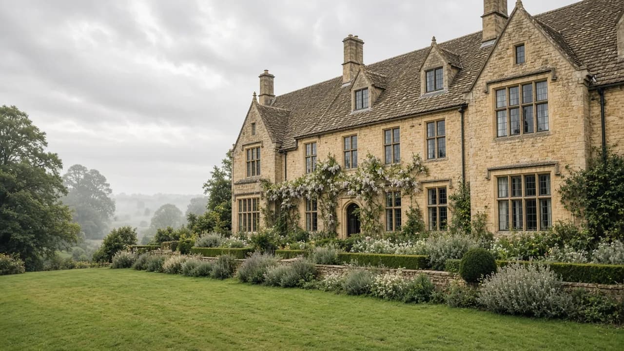 Soft overcast view of a British country house across a long lawn