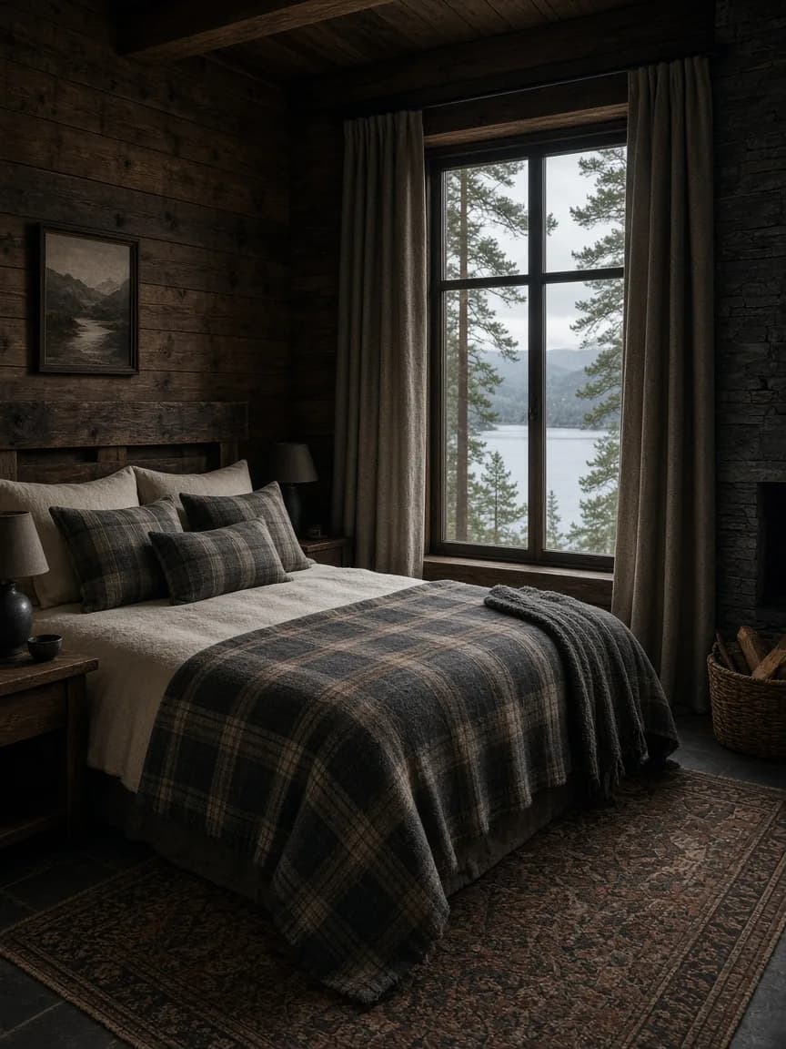 Lodge bedroom with wool textiles and loch view
