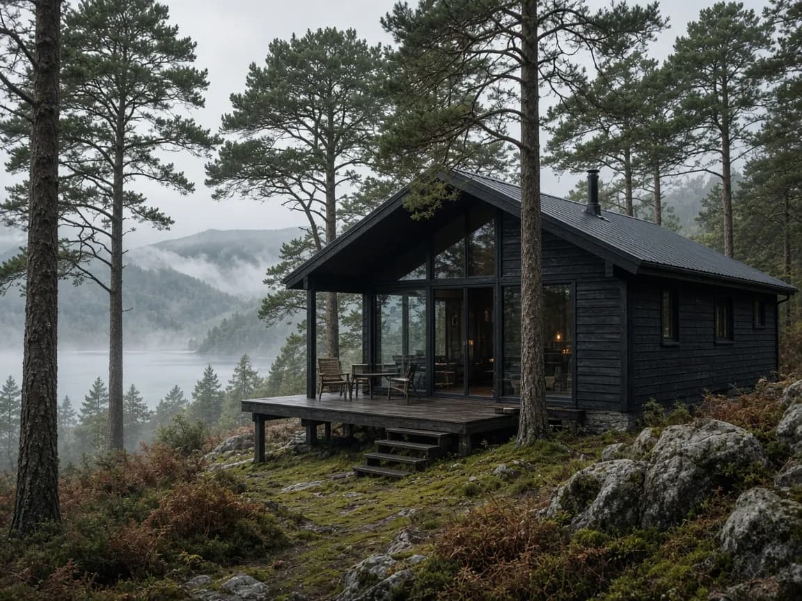 Timber cabin overlooking a loch through trees