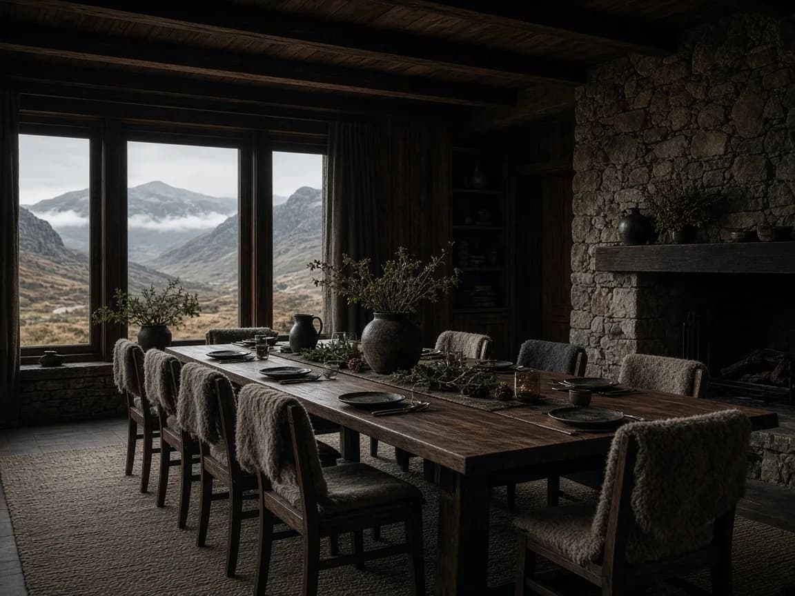 Dark timber dining room with long table and mountain light