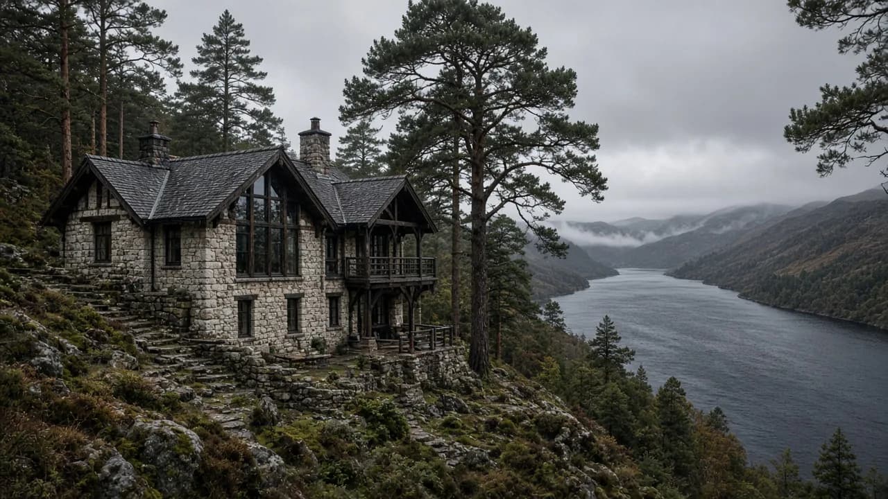 Stone and timber lodge above a dark loch through pine trees
