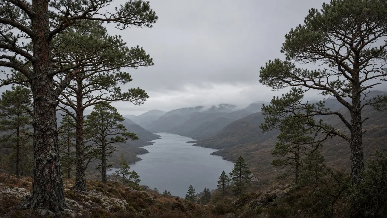 Long loch viewed through Scots pine in soft daylight