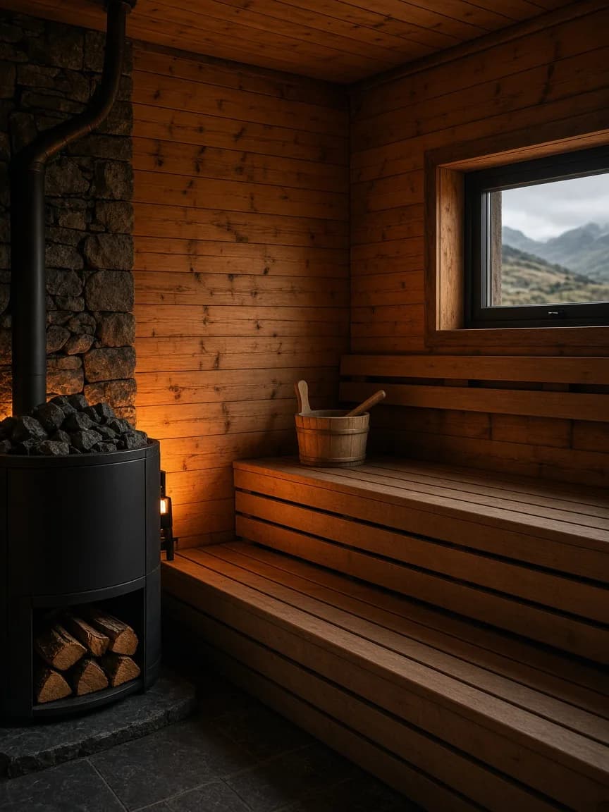Wood-fired sauna interior with warm timber