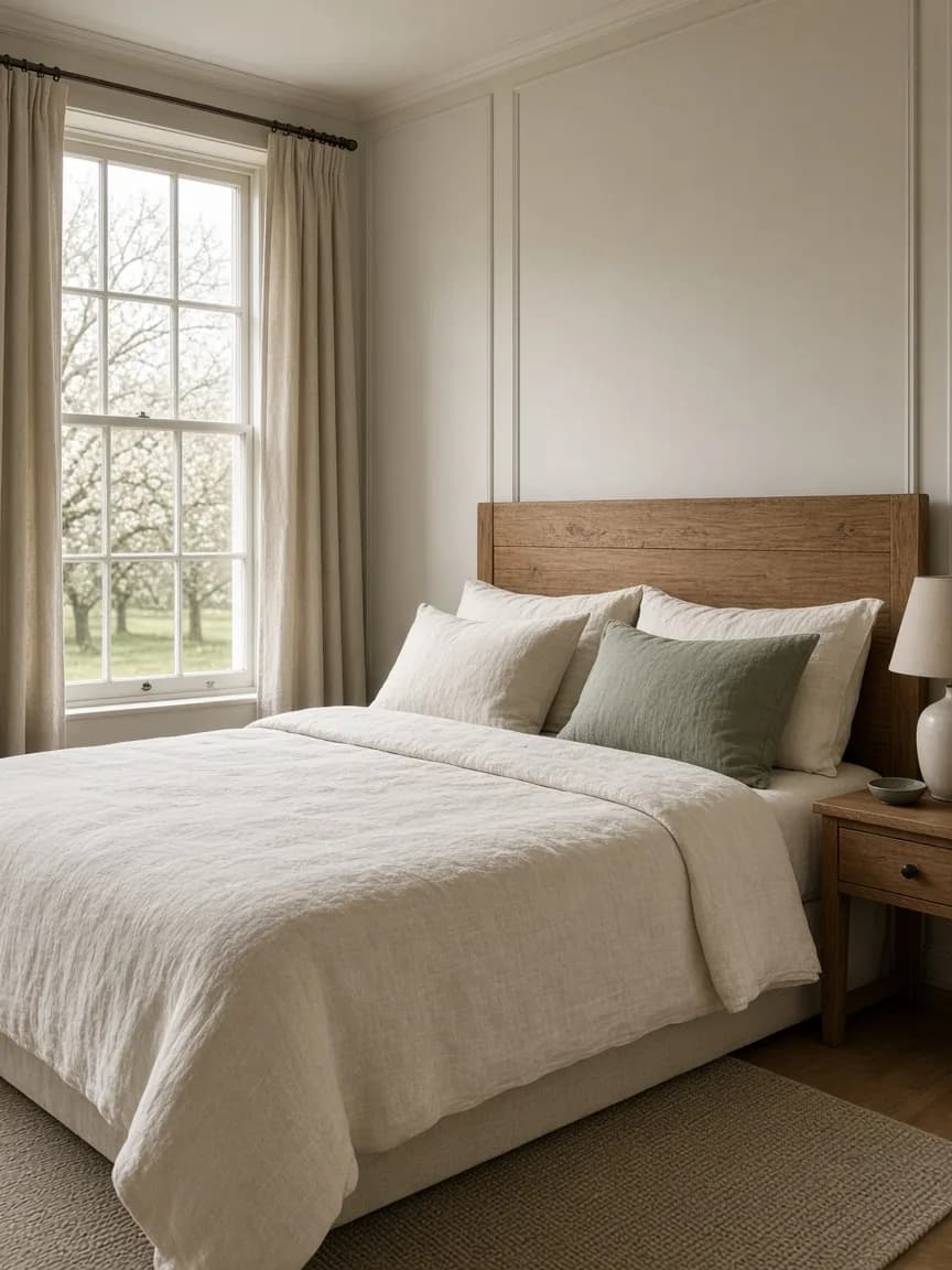Country bedroom with linen bedding overlooking an orchard