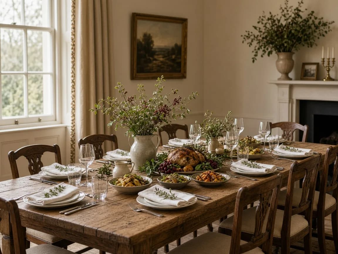 Long dining table set for Sunday lunch in a manor dining room