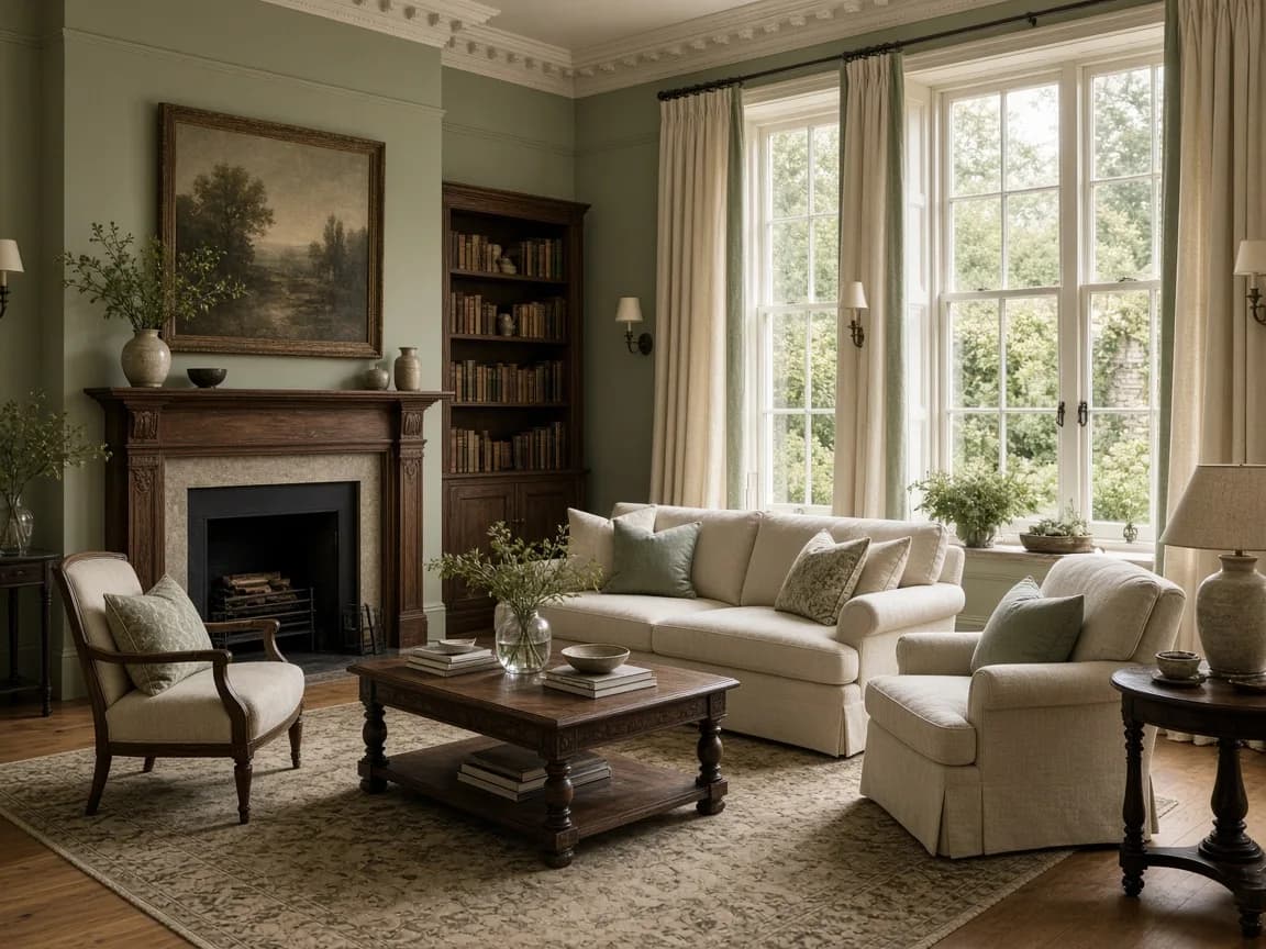 Warm drawing room with linen sofas and oak panelling