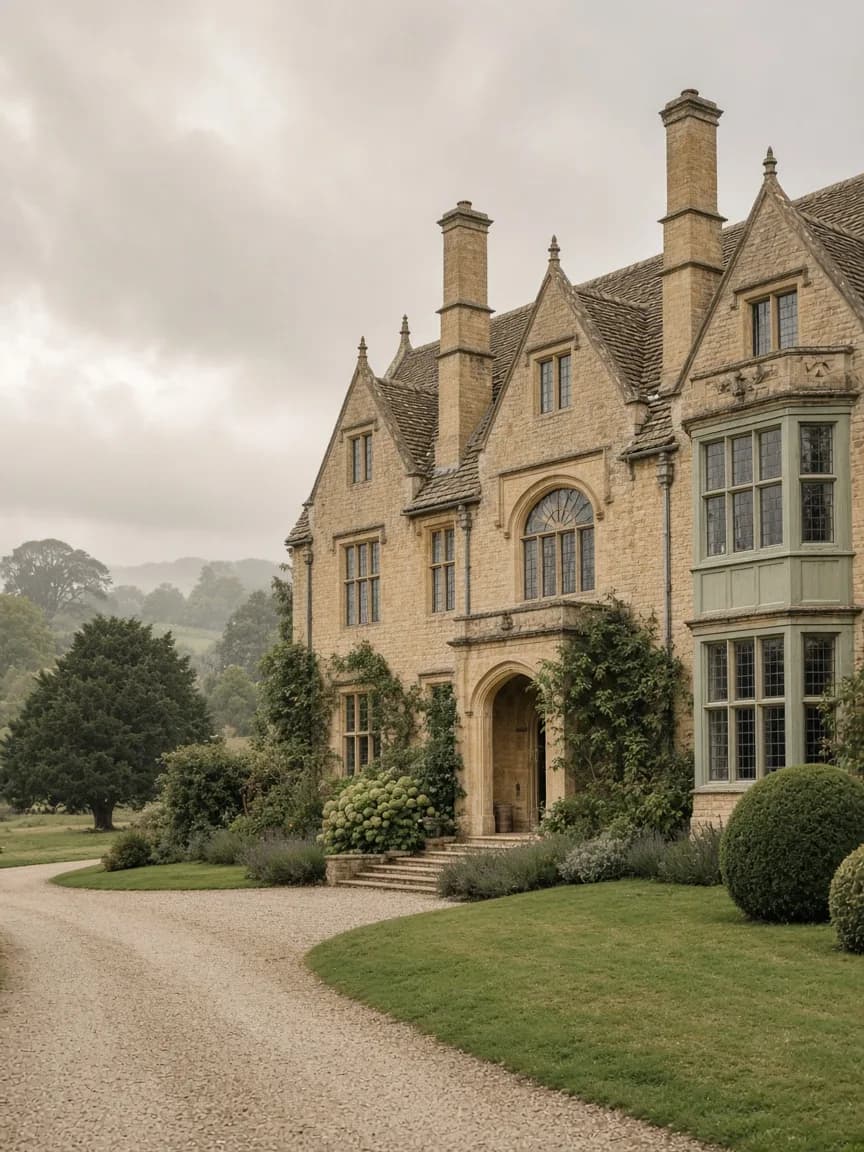 Honey-stone façade of Hatherleigh Manor across a soft lawn