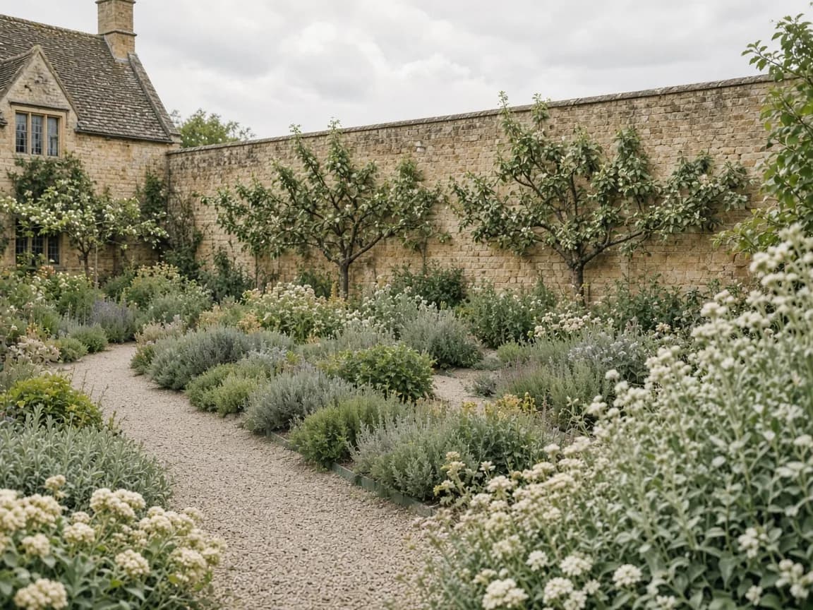 Kitchen garden with gravel paths and soft planting