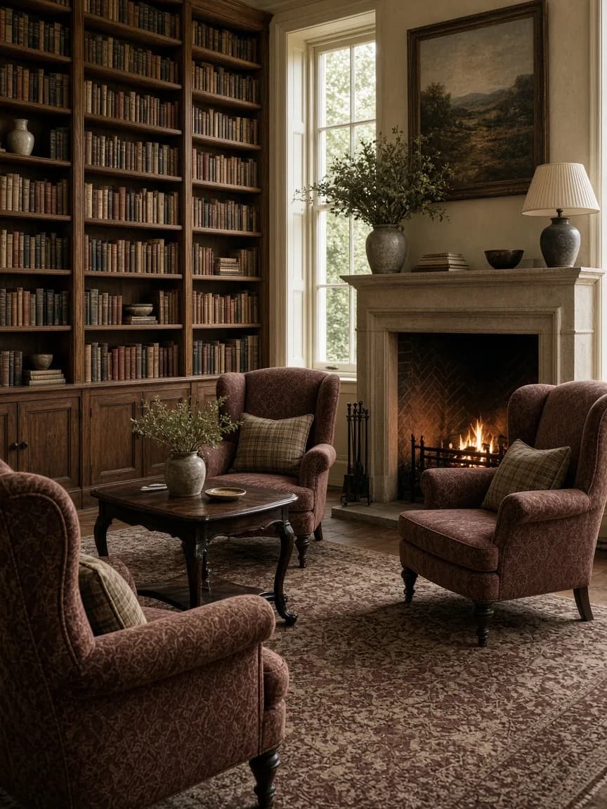 Library with fireplace, bookshelves and deep reading chairs