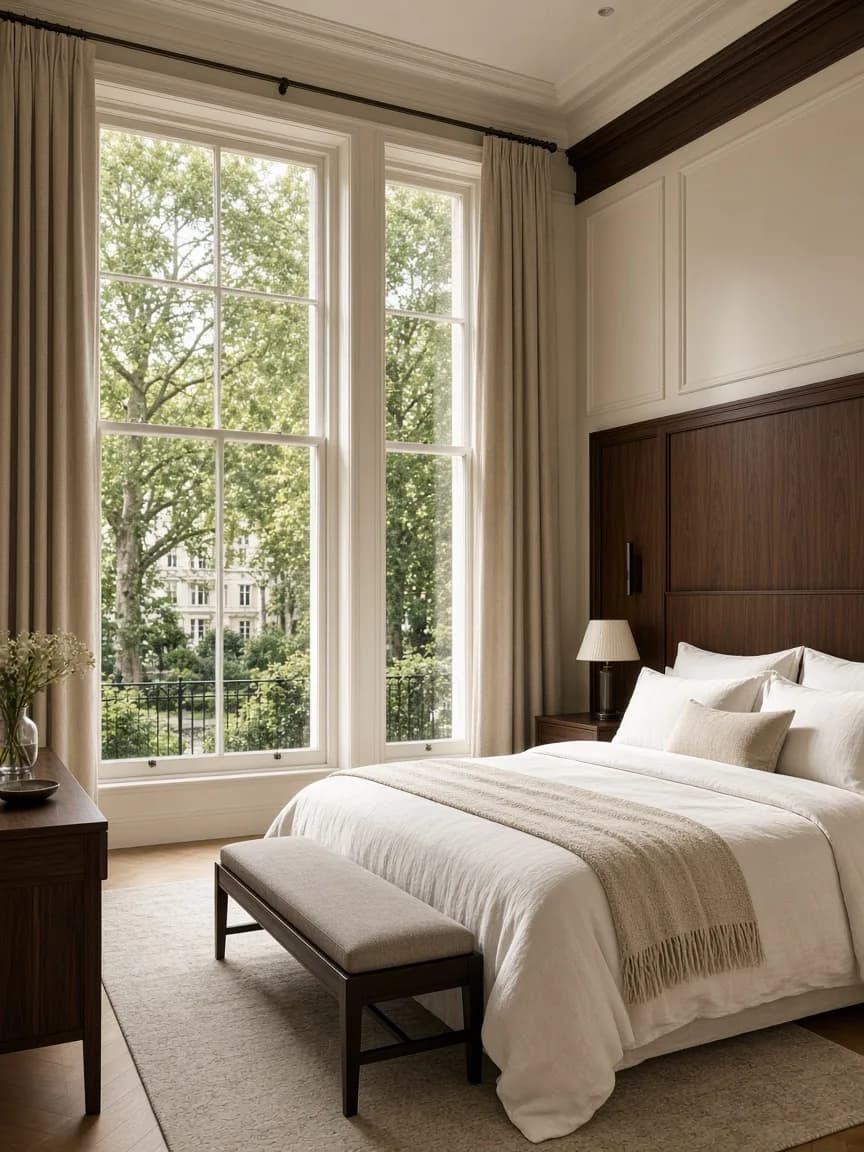 Townhouse suite with linen bedding and tall sash windows