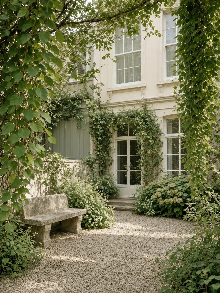 Tiny courtyard with climbing plants and a stone bench