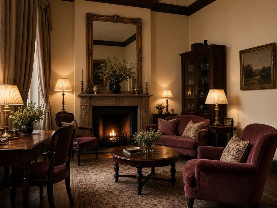 Evening drawing room with walnut furniture and soft lamps