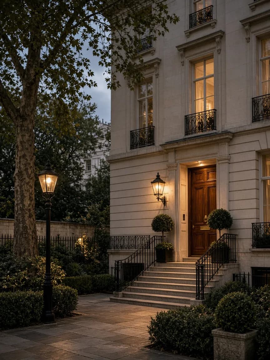 London townhouse hotel façade on a quiet garden square