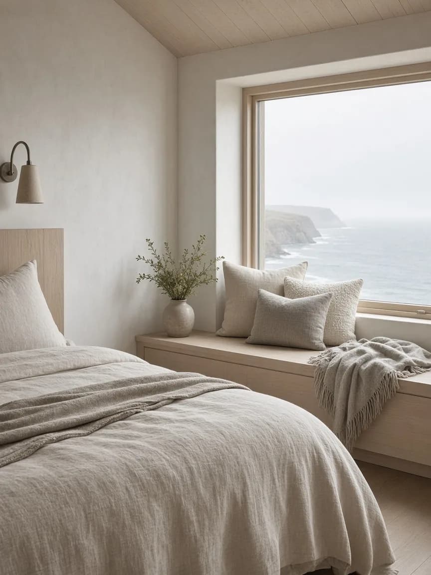 Sea-facing bedroom with linen and a deep window seat