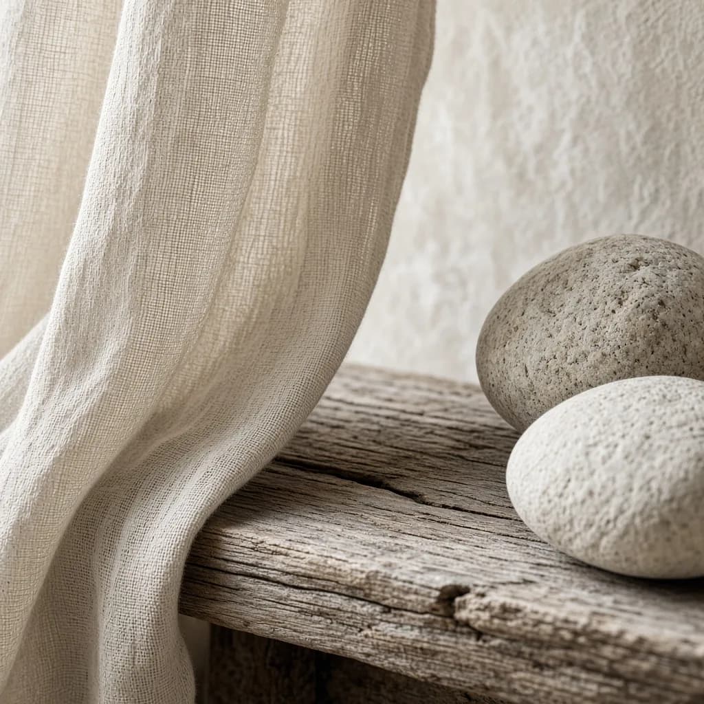 Close detail of linen, pale timber and stone at Trehaven