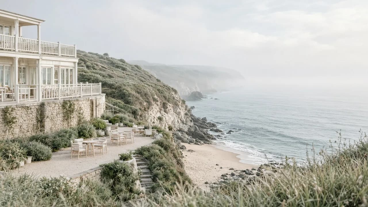 Pale coastal hotel above a misty cove