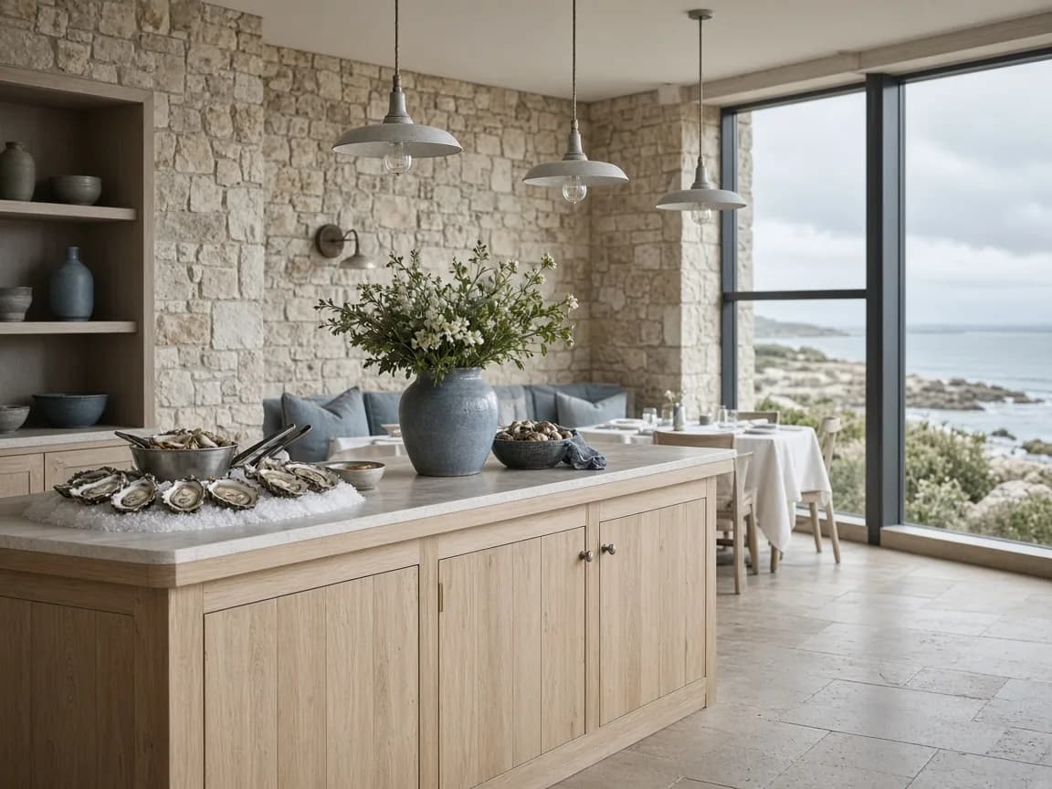 Coastal restaurant with seafood counter and pale timber