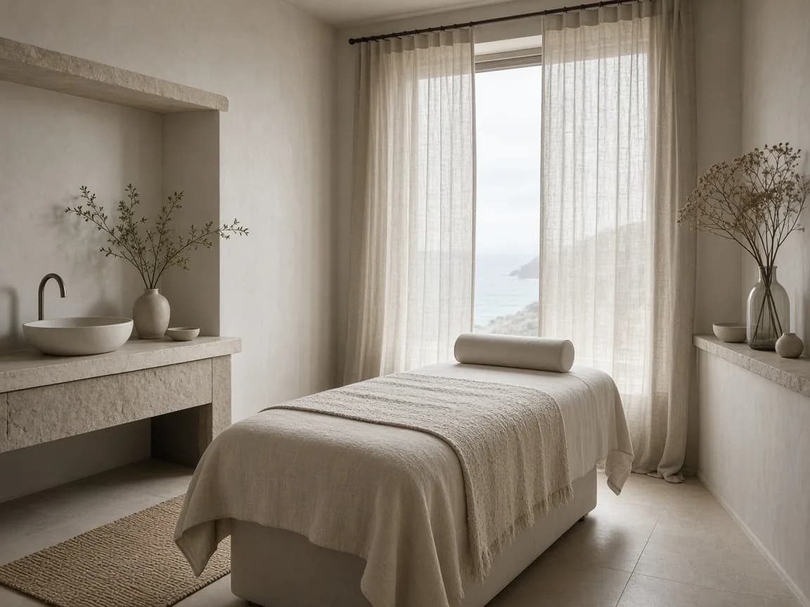 Compact spa room with sea view through linen curtains