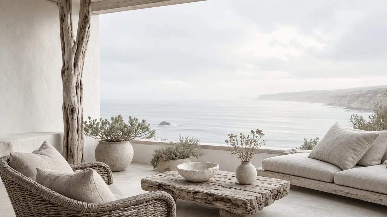 Coastal terrace overlooking pale sea and sky