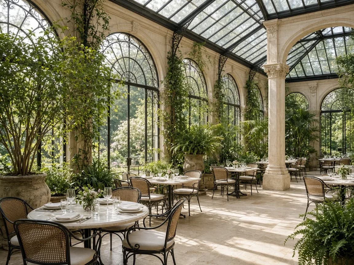 Light-filled conservatory dining room with plants