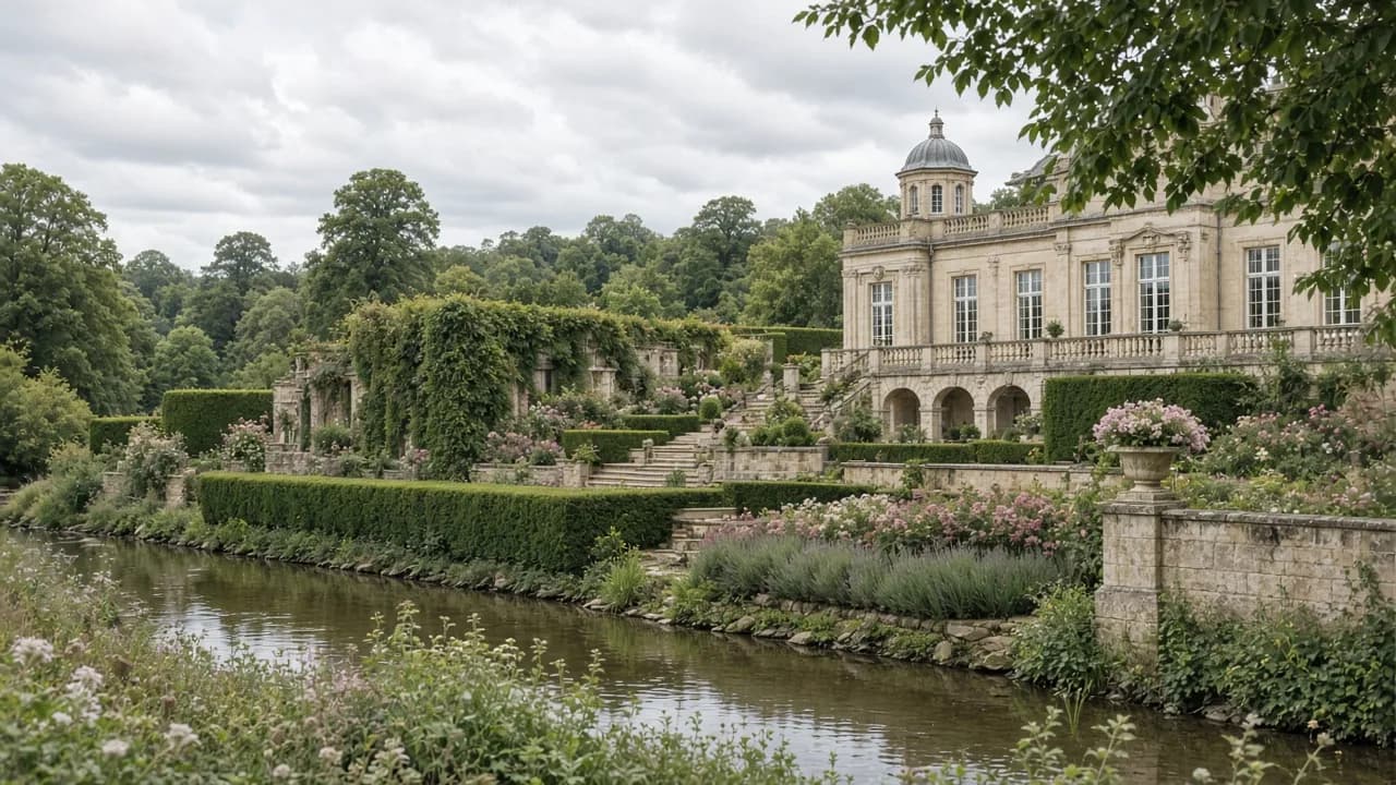 Cream stone garden estate beside a river with clipped hedges