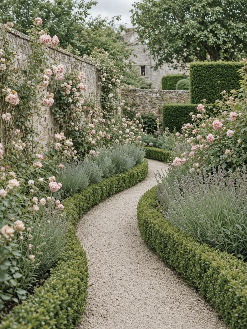 Walled garden path with roses and gravel