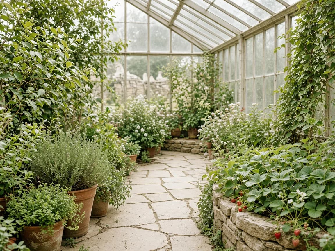 Kitchen glasshouse with herbs and soft morning light