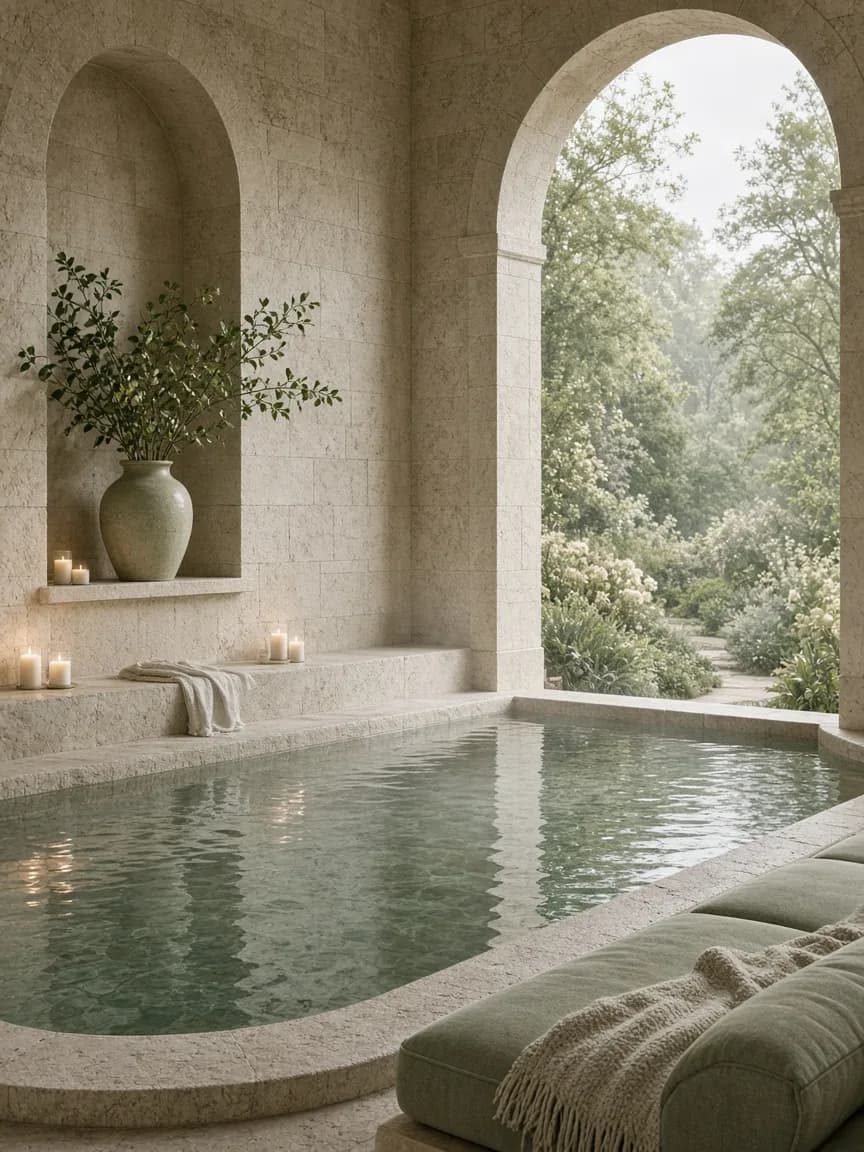 Calm spa thermal room with stone and soft light