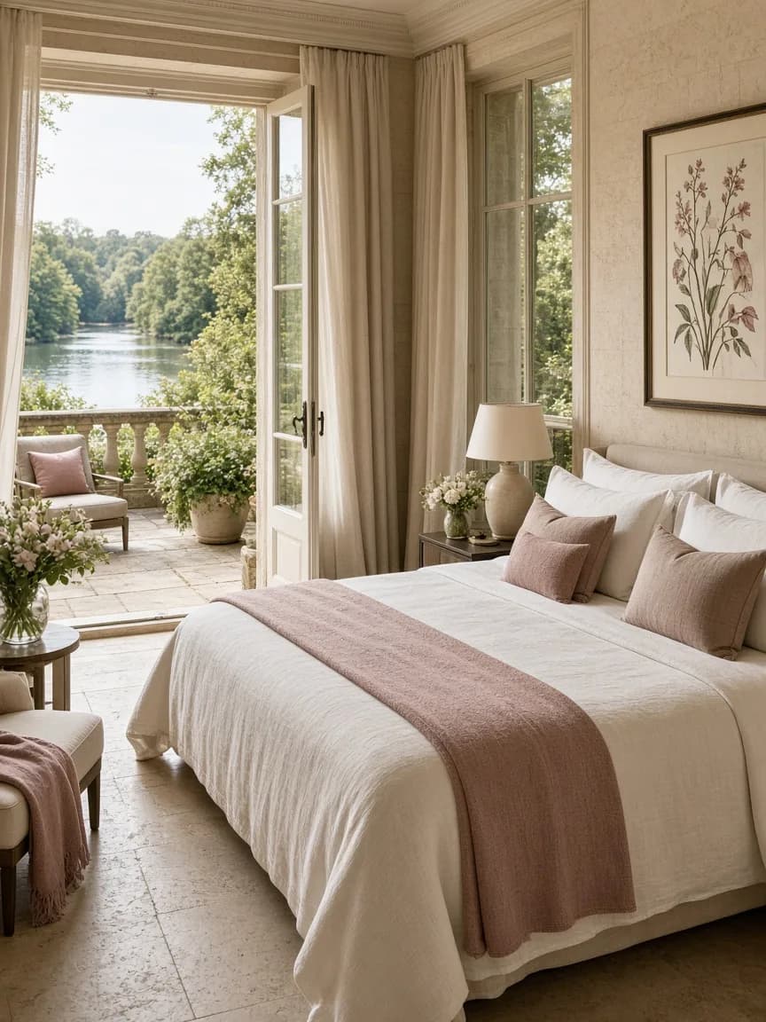 Riverside suite with terrace and linen bedding