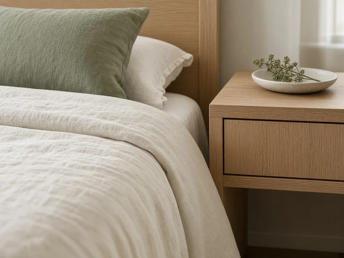 Close view of linen bedding and oak furniture in soft daylight