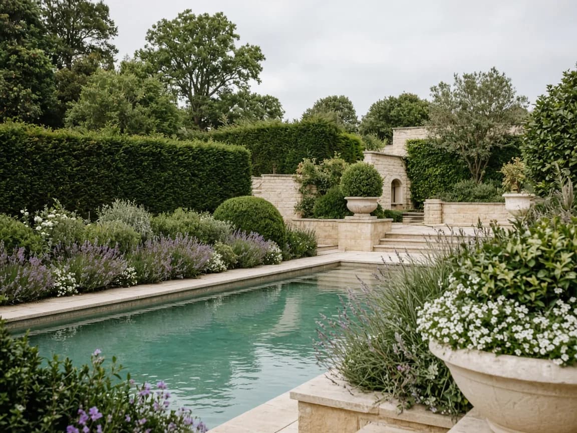 Outdoor hotel pool edged by planting in soft overcast light